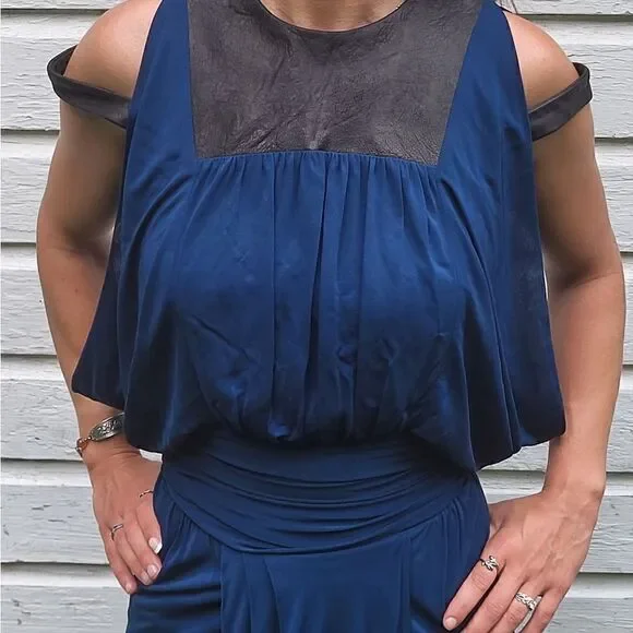 Yigal Azrouel Draped Leather Trim Cold Shoulder Designer Dress Blue 2 - Picture 3 of 13